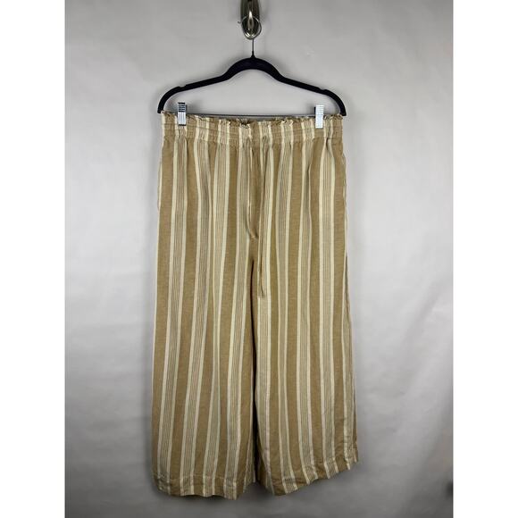 Madewell Wide Leg Pants Beige White Striped Linen Viscose Cropped Pull-On L - Picture 3 of 7